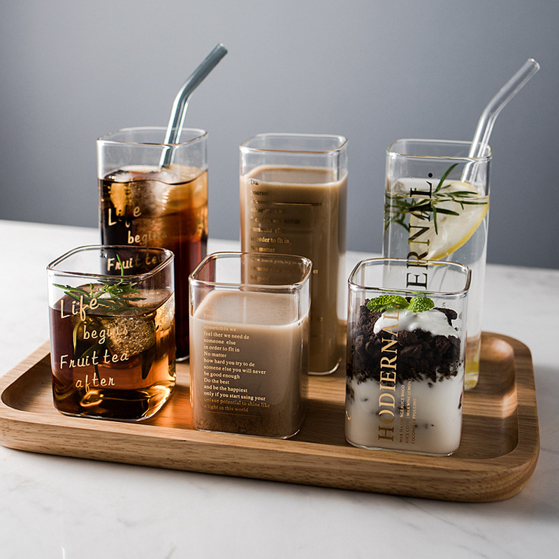 Glass Water Cup Nordic Ins Wind Cup Square Home Transparent Heat Resistant Creative Drink Cup Breakfast Milk Mug