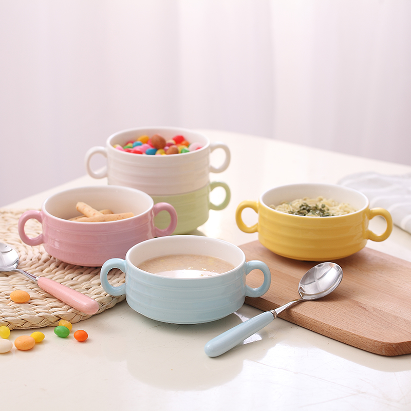 Ceramic binaural porridge bowl steamed egg baking stew pot single children's creative soup bowl dessert salad pudding home bowl