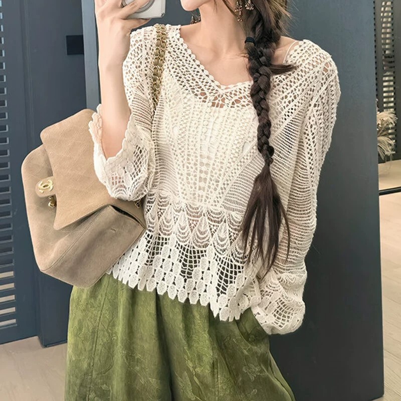 In-Stock Bohemian Lace Shirt, Bohemian Style V-Neck Hollow-Out Long-Sleeve Blouse Top In-Stock Bohemian Lace Shirt, Bohemian Style V-Neck Hollow-Out Long-Sleeve Blouse Top
