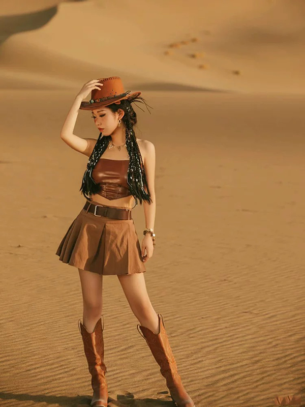 Tibetan Retro Western Cowboy Outfit, Desert Sichuan-Western China Travel Tube Top and Short Skirt Two-Piece Set