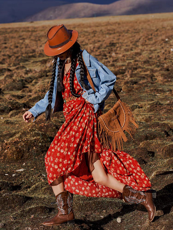 Xinjiang Travel Outfit Bohemian Long Dress Photo Shoot Slip Dress Dubai Desert Red Dress Women Summer