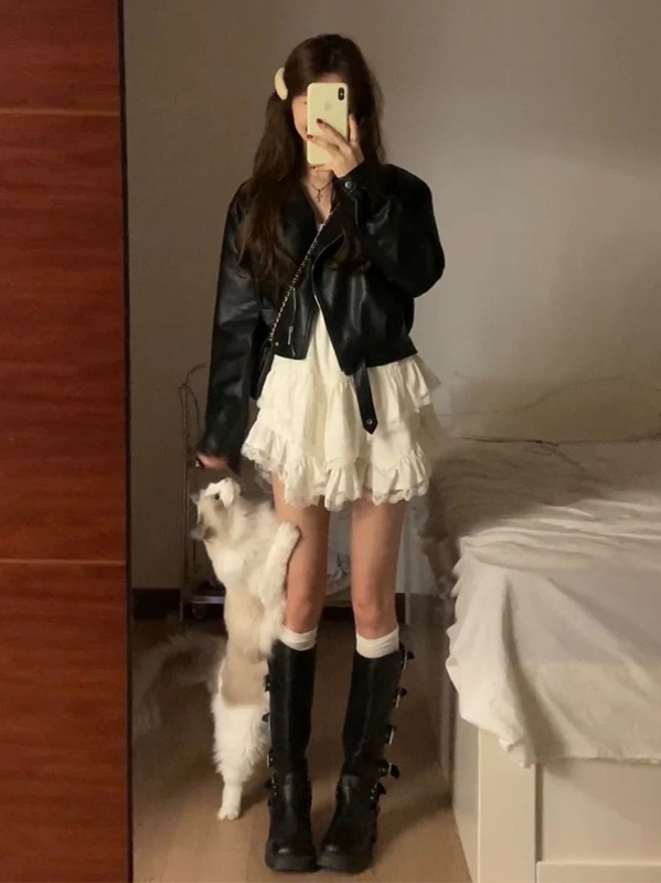 Motorcycle Jacket Leather Coat Autumn Style Women's Black Lapel Top Short Leather Jacket Coat Patchwork Suspender Dress Set