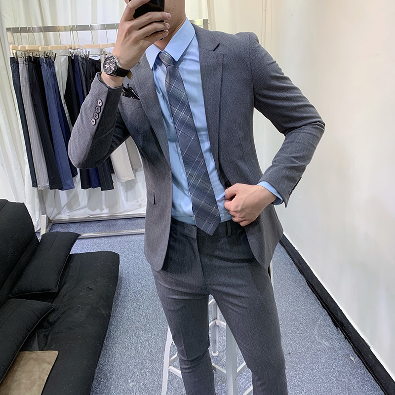 South Korea's autumn new one buckle casual suit men's handsome Korean version of the slim young suit men's two-piece set