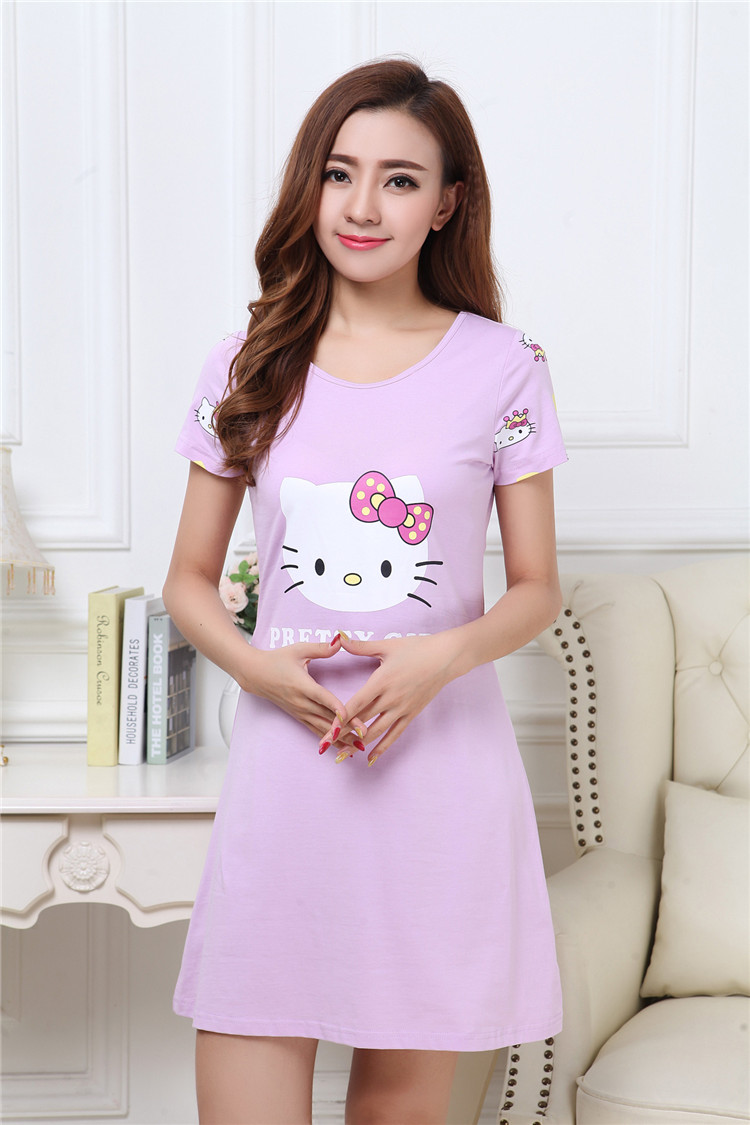 Cotton ống tay ngắn hàng đầu với áo ngực miễn phí áo ngực hoạt hình Kitty đồ ngủ nữ dễ thương váy ngủ mùa hè dịch vụ nhà váy mặc nhà mùa hè
