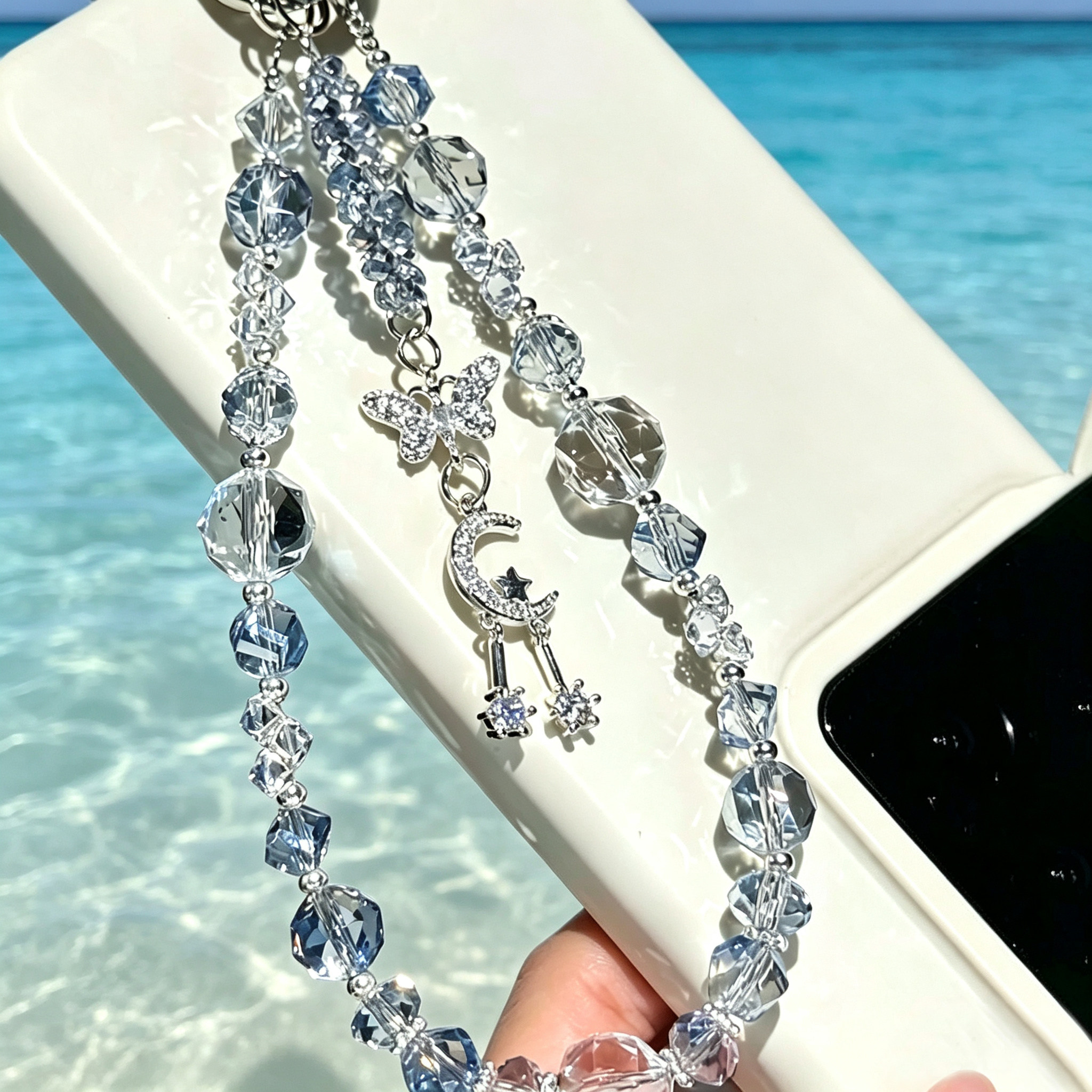 【Azure Glacier】Luxury Star and Moon Beaded Rhinestone Phone Chain - High-End Pendant with Niche Design for Mobile Phone Accessories