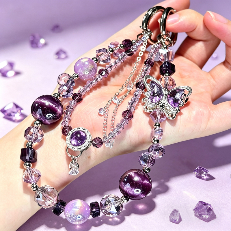 【Zhuangshengmengdie】Light Luxury Purple Butterfly Rhinestone Phone Chain, High-End Couple's Butterfly Dream Phone Accessory
