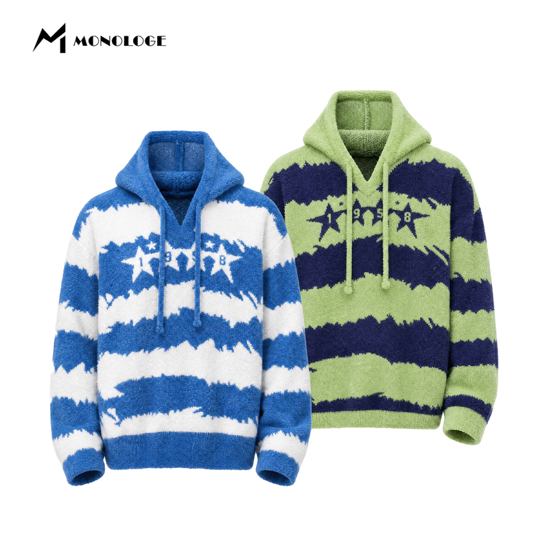 Monologe Color-Blocked Striped Star Jacquard Sweater for Men, Autumn Street Style V-Neck Hooded Loose Knit Top Monologe Color-Blocked Striped Star Jacquard Sweater for Men, Autumn Street Style V-Neck Hooded Loose Knit Top
