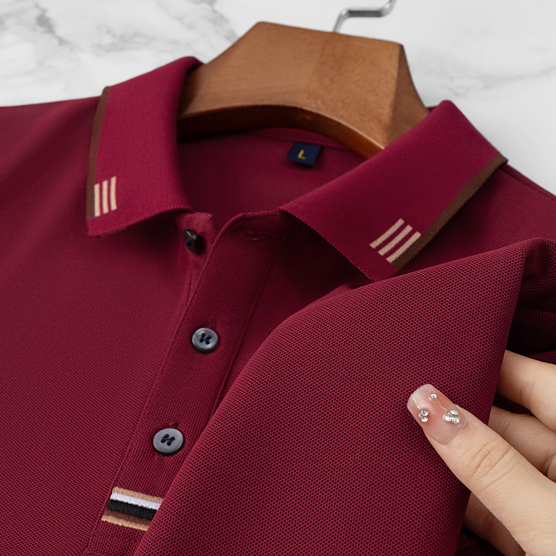 Summer New Men's Pure Cotton Short-Sleeve T-Shirt with Embroidered Collar, 100% Pure Cotton, Red Polo Shirt Top