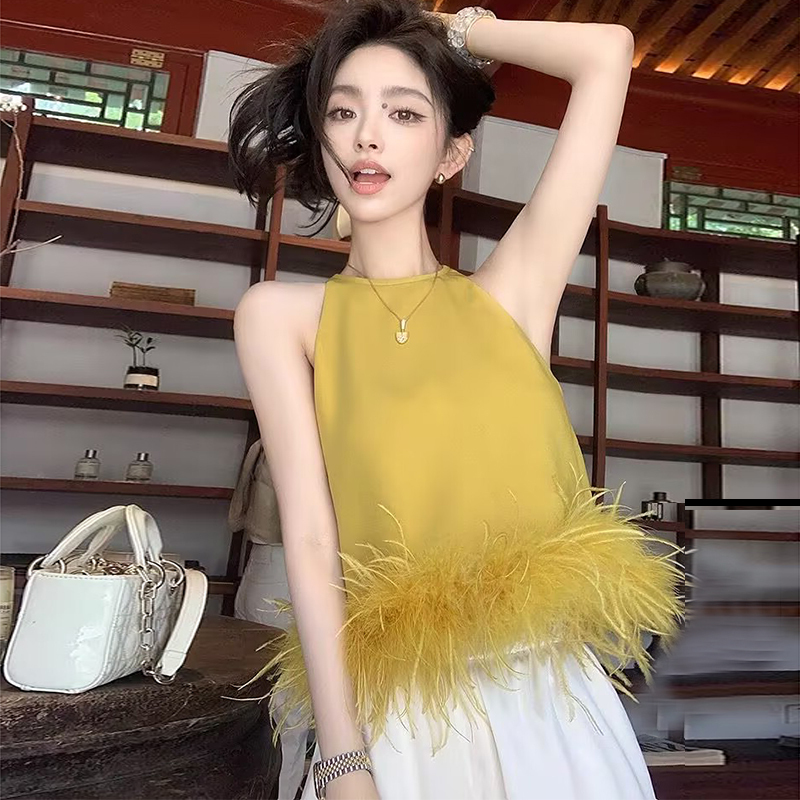 Macaron Petite Hem Tassel Feather Yellow Halter Vest Ostrich Feather Stitching Acetate Linen Halter Top