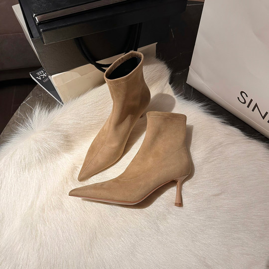 SUPERQUEEN is extremely slim ~ pointed toe feminine suede pointed toe slim boots stiletto high heel short boots elastic boots