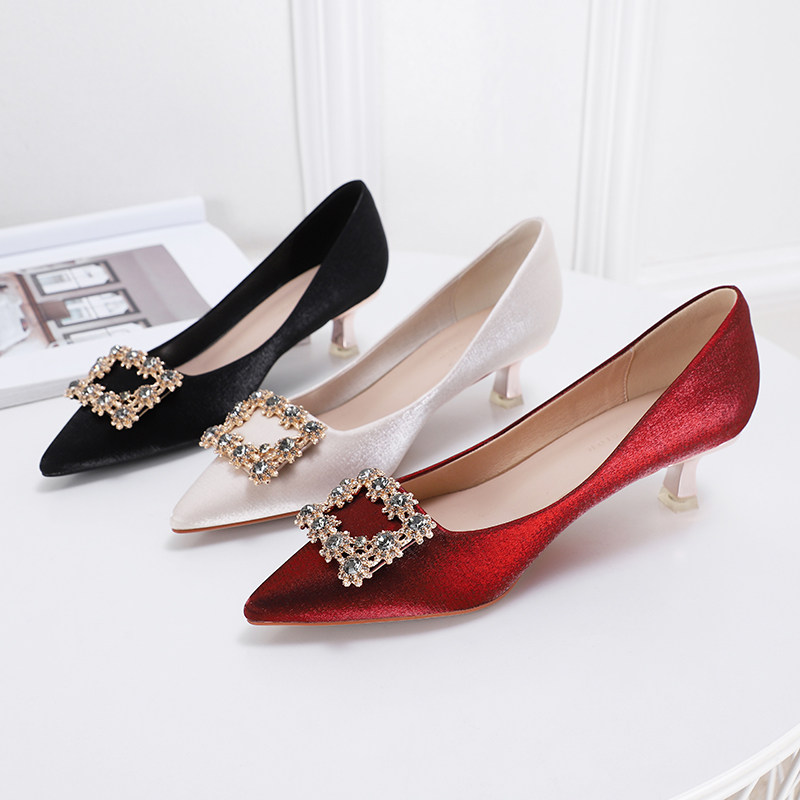 2022 New red High heels Shoes Women Drill Square Buttons Fine Heel Bridal Wedding Shoes BRIDESMAID SHOES METHOD Wedding Dress Shoes