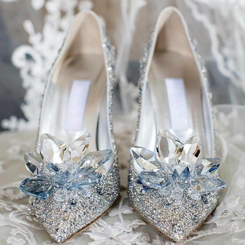 2022 Spring New High Heels Shoes Fine Heel Pointed Shoes Water Crystal Shoes Wedding Shoes Bridal Shoes Dinner Water Drill Single Shoes Female Princess
