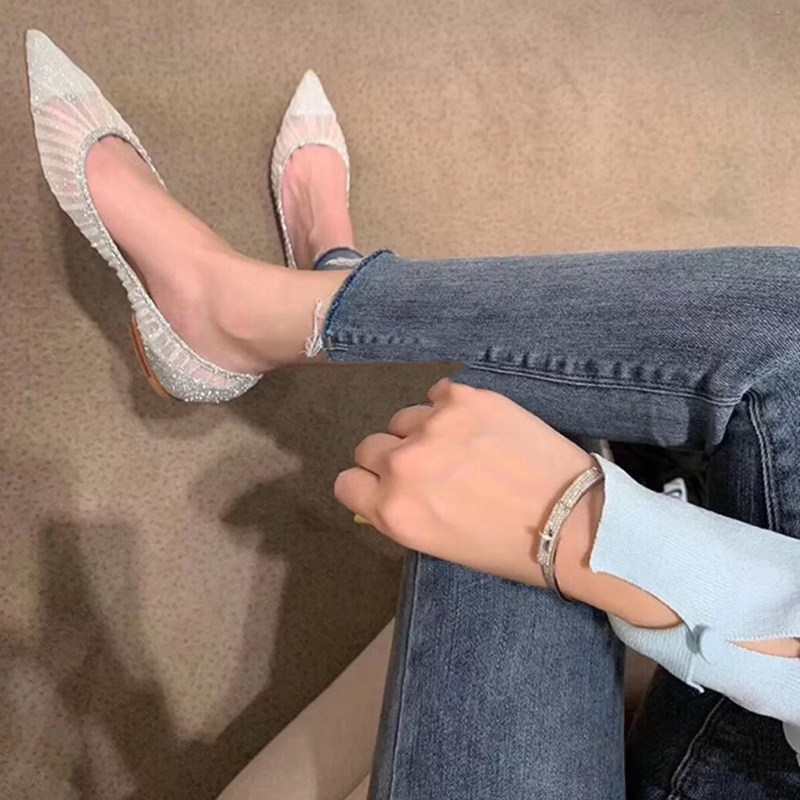 Wear it for holiday ~ Benefits flat heel Single shoe Women net yarn Summer outwear Comfortable Silver Flat Bottom Shoes