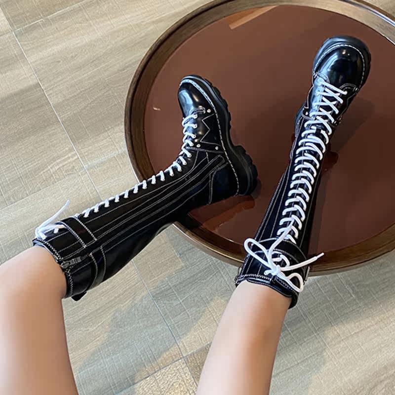 High cylinder small sub-display slim lacing thick bottom handsome gas long cylinder shoes woman warm shoes female winter plus suede