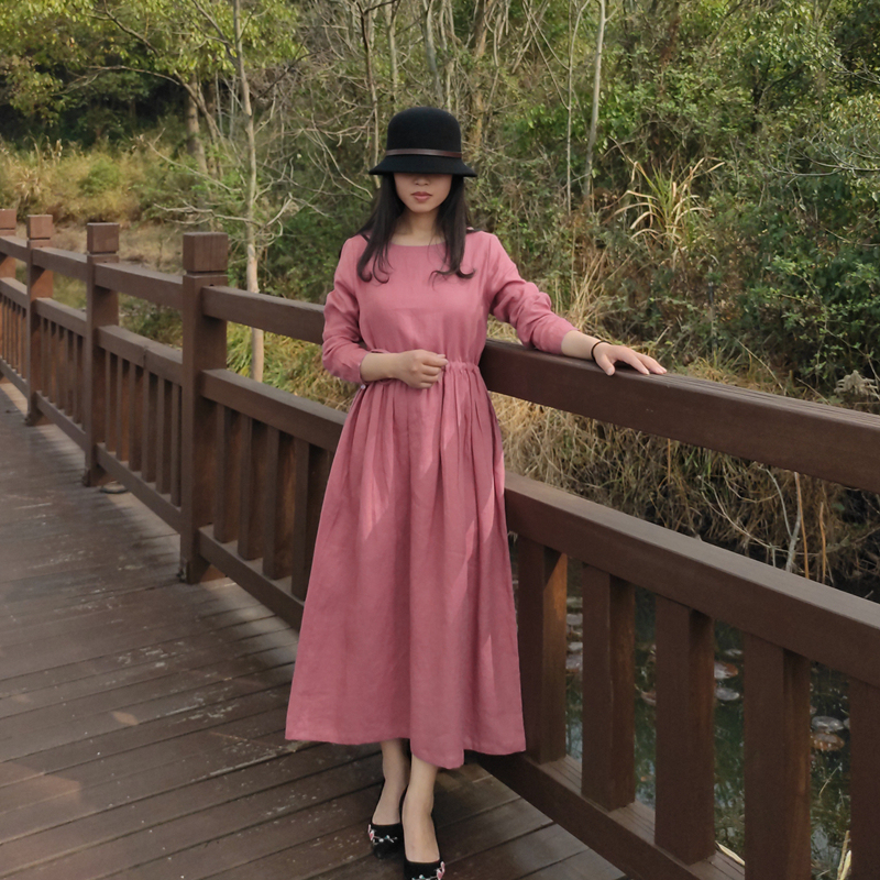 Peach 2021 Summer New Linen Dress Artistic Retro Robe Loose Breathable Over-The-Knee Mid-Length Skirt