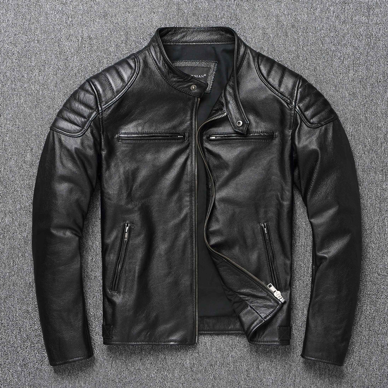 New Factory Direct Sale Heavyweight Genuine Leather Jacket for Men, Stand Collar Motorcycle Jacket, Youth Spring and Autumn Large Size Jacket