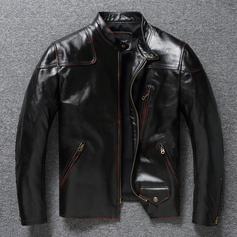 Venom Tea Core Horse Leather Jacket, Lightly Washed and Distressed, American Retro Classic Stand Collar Short Motorcycle Leather Jacket