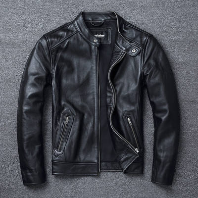 Top-grain cowhide coat, fitted stand-up collar motorcycle suit, genuine leather jacket, men's soft cowhide, European and American plus-size jacket, retro
