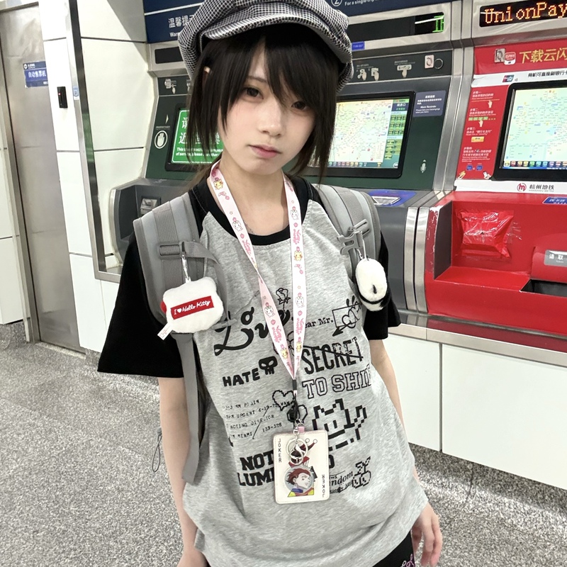 [Same Style Short Sleeves] Little Cat Can'T Eat Enough Original Graffiti Cat Print Gray and Black Raglan Short Sleeves Subculture