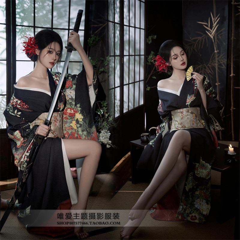Photography New Style Black  Daughter Improved Version Black Domineering Kimono Photo Shoot Outfit Travel Photography Photo Shoot Outfit
