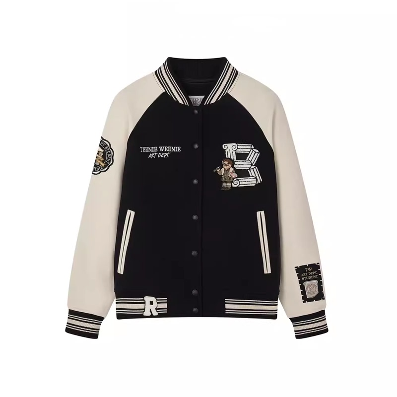 2024 Autumn New American Retro Patchwork Color-Block Raglan Sleeve Bear Baseball Jacket for Petite Figures