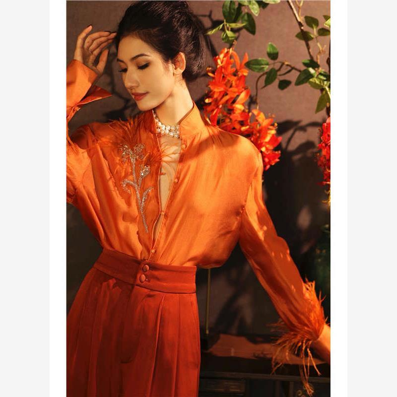 Designer Style 2025 Spring/Summer New Silk Beaded Chinese Style Cuffs with Feather Accents Fashionable Casual Blouse Women's Shirt
