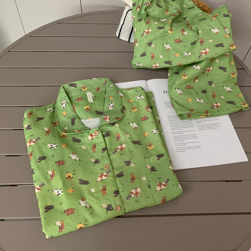 100% Pure Cotton Autumn and Winter Cartoon Ins Style Cow Farm Brushed Cotton Class a Women's Long-Sleeve Long-Pants Pajamas Loungewear