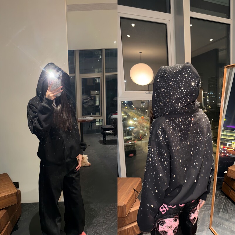 Amer “Sparkling Diamond Starry Sky” American Retro Rhinestone Hooded Sweatshirt