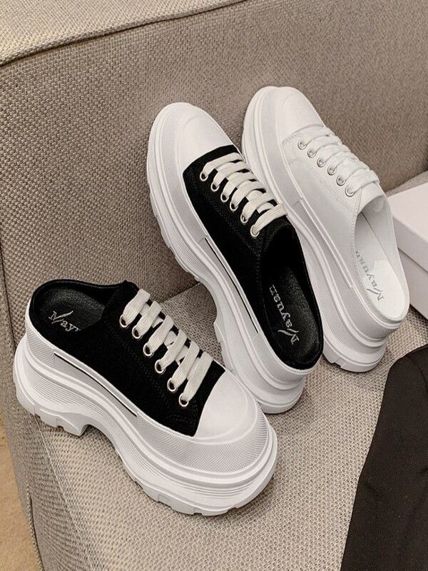 Hong Kong Mcqueen Canvas Shoes for Women, 2026 Summer Closed-Toe Half-Slippers for Women, Outdoor Platform Thick-Soled Height-Increasing White Shoes