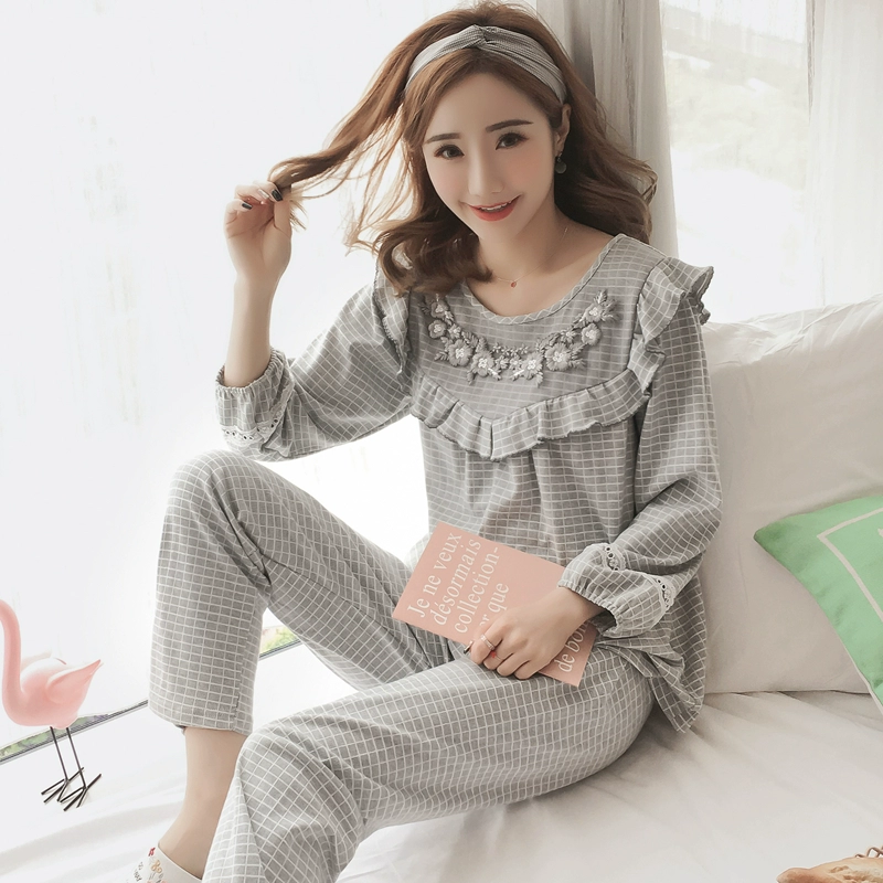 Bộ đồ ngủ nữ mùa đông cotton dài tay phần mỏng phù hợp với công chúa Hàn Quốc dễ thương ngọt ngào phong cách mùa xuân và mùa thu nhà có thể mặc bên ngoài - Cặp đôi