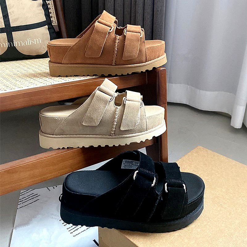Sangpo New Summer Leather Thick-Soled Height-Increasing Two-Strap Slippers Casual Sandals for Women Versatile Platform Velcro Sandals