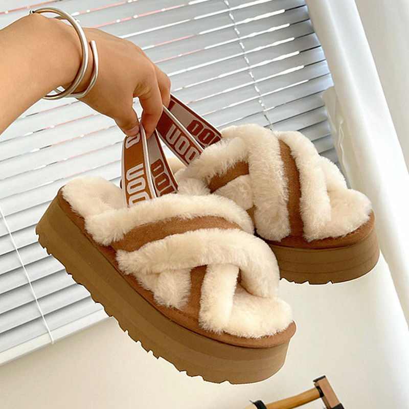 Sangpo Sheepskin and Wool Integrated Elastic Band Crossed Wool Slippers for Women, Spring and Autumn Thick-Soled Casual Versatile Furry Sandals