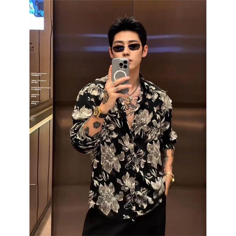 150kg Oversized Ink Floral Full Print Shirt for Men, Autumn Vacation Style, Sun Protection Shirt with Turn-Down Collar, Beachwear Top 150kg Oversized Ink Floral Full Print Shirt for Men, Autumn Vacation Style, Sun Protection Shirt with Turn-Down Collar, Beachwear Top