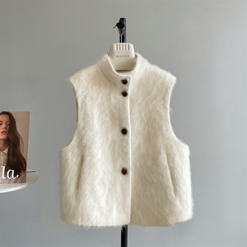 Moonlight Girl Stand Collar Triple Brushed Wool Mulberry Silk Cashmere Short Vest Top Goose down C231