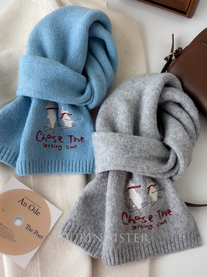 Korean Style Solid Color Cartoon Embroidered Wool Knitted Scarf for Women, Autumn and Winter Warm Versatile Student Couple Woolen Neck Warmer