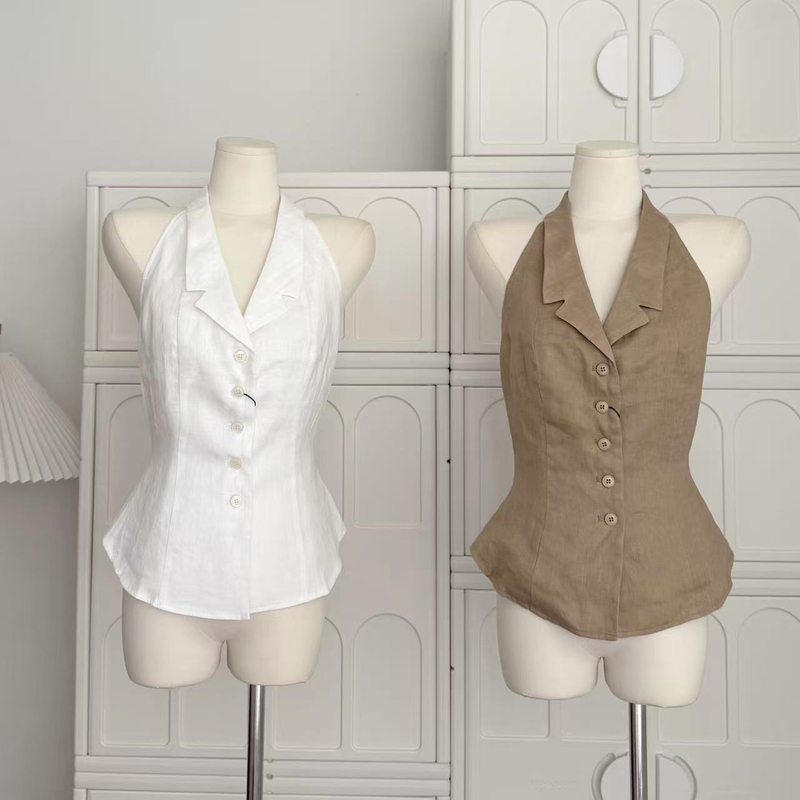 He Chenxi Halter Neck V-Neck Waist-Cinching 100% Linen Shirt Summer New Sleeveless Off-Shoulder Backless Vest Top for Women