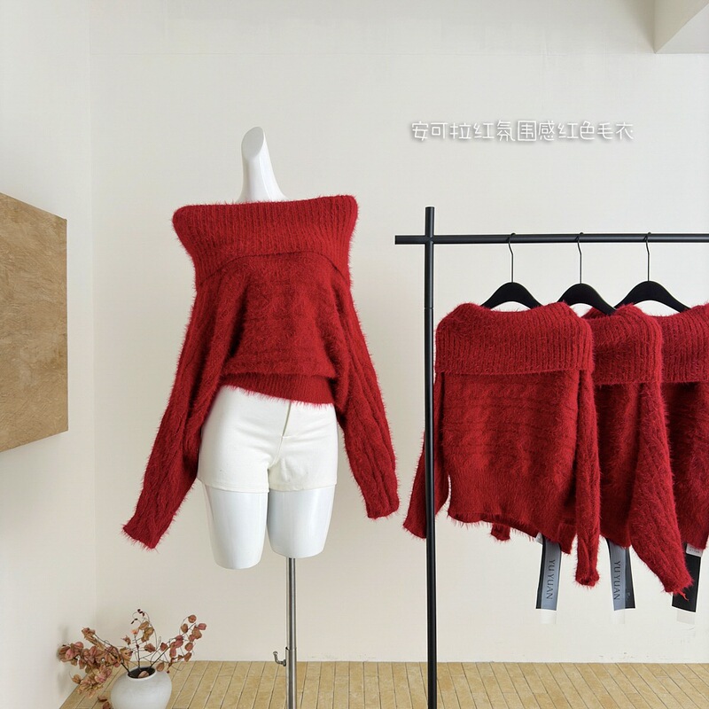 Black Diary｜Christmas Letter New Year Red Autumn/Winter New Style Lazy Style Off-Shoulder Fair Isle Shorts Set