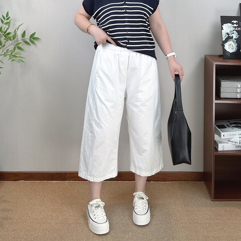 White Cropped Wide-Leg Pants for Women, Plus Size, Summer Thin Elastic High-Waisted Balloon Pants, Versatile Slimming Straight-Leg Casual Pants