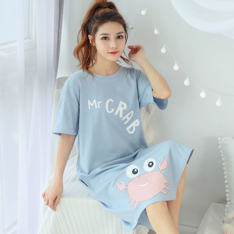 Váy ngủ nữ mùa hè cotton tinh khiết Hàn Quốc ngắn tay sinh viên dễ thương tươi mát cộng với size đồ ngủ mùa hè nữ na có thể mặc ở nhà - Đêm đầm