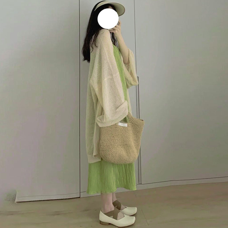 Maternity Long-Sleeved Dress Set, Early Spring Long Dress, Slimming and Elegant, Korean Style Versatile Cardigan + Suspender Long Dress 2-Piece Set