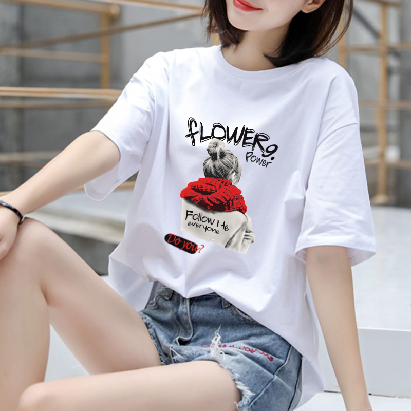 2026 New Summer White Short-Sleeved T-Shirt for Women, Loose Korean Style, Pure Cotton, Slimming Top, Student Print, Plus Size Trendy