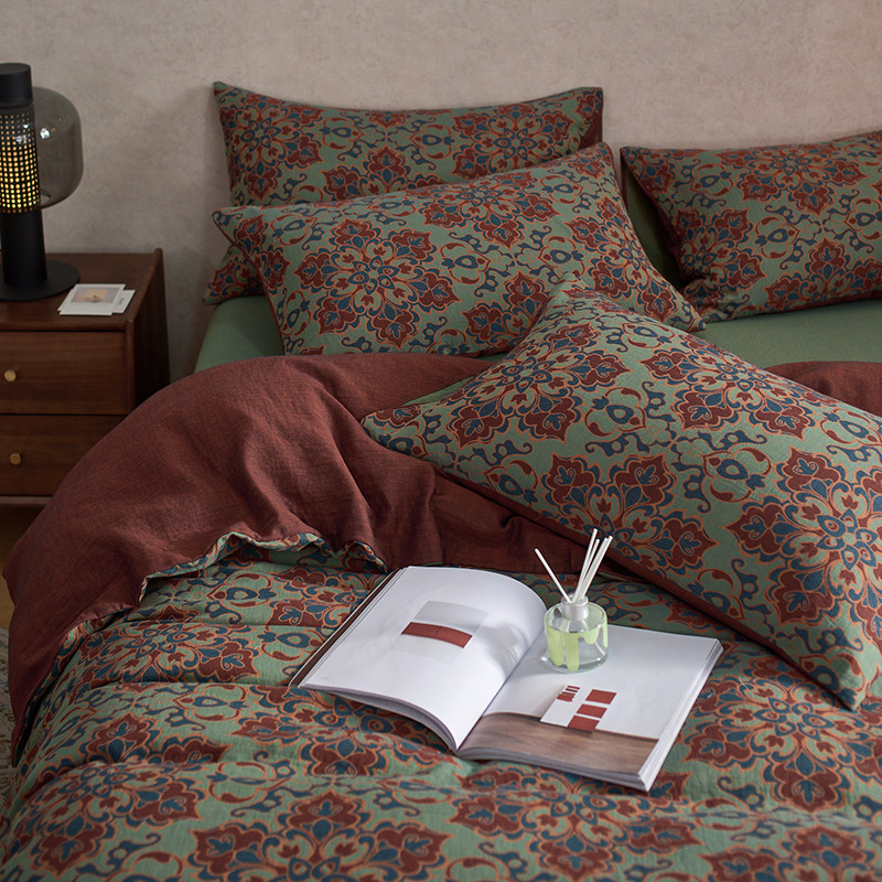 (three-color flower) Silence Middle Old Wind Double Layer Yarn Full Cotton Color Branch Large Jacquard 4 pieces of pure cotton cotton cloth bed product