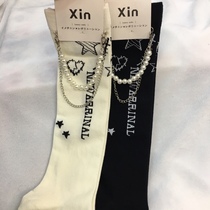 XIN Tide Card Autumn Money New Pint Black And White Striped Pearl Socks Pearl Cotton Socks Midi Calf Socks