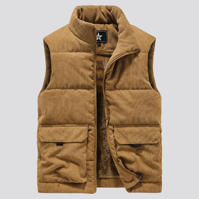 Corduroy Vest for Men, Autumn and Winter, Fleece-Lined, Thickened, Warm, Stand-Up Collar, down Cotton Vest, Sherpa Fleece Workwear Jacket