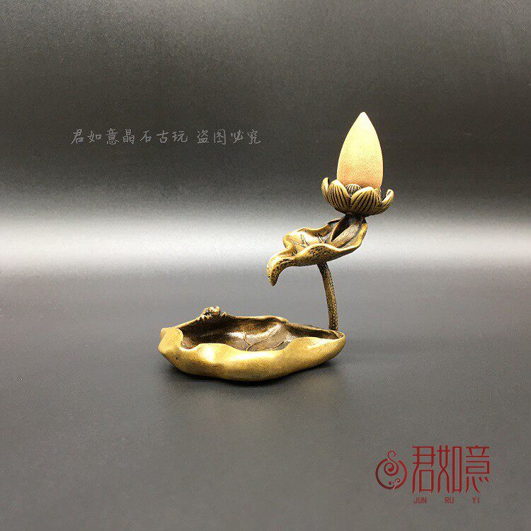Pure copper lotus leaf lotus reverse flow incense ornament Solid copper frog Lotus pond artistic conception Incense holder Incense holder Copper tea pet