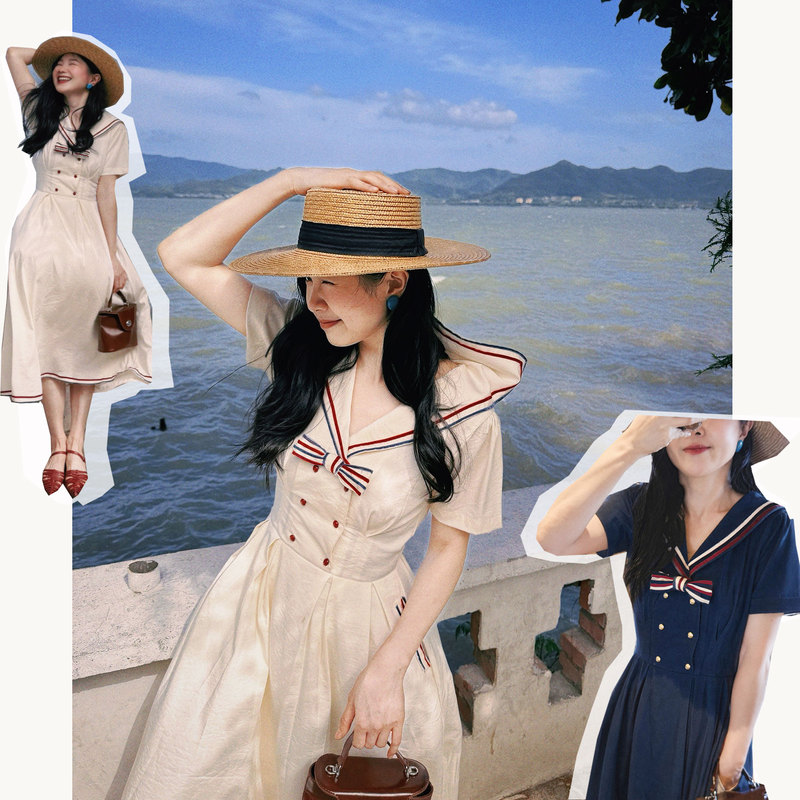 Chengfeng 2026 Summer New Original Design French Retro Navy Short-Sleeve Collar Dress