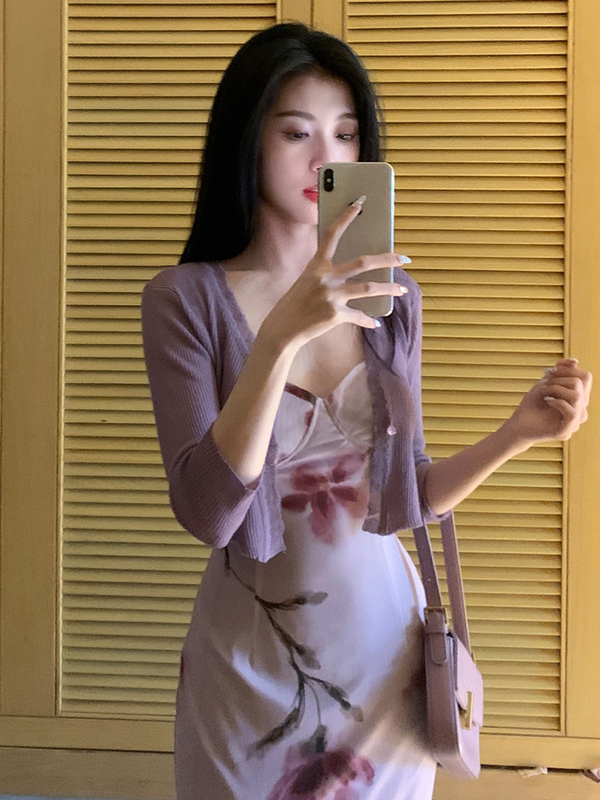 Purple Ice Silk Knitted Sun Protection Cardigan for Women, Summer Shawl, Slip Dress, Outerwear, Air Conditioning Shirt, Short Jacket