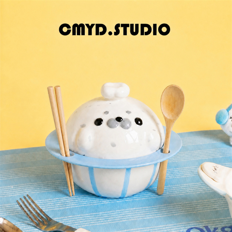 Cmyd Design Papa Seal Instant Noodle Bowl Embossed Cartoon Ceramic Bowl with Lid Student Dormitory Household Tableware Gift