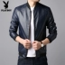 2018 Playboy da nam mùa thu đứng cổ áo kinh doanh áo khoác mỏng xe máy pu áo khoác da quần áo thời trang nam cá tính Quần áo lông thú