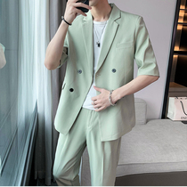 Summer seven-quarter sleeve double-breasted suit suit Mens Light mature style Korean version of the trend handsome high-end loose suit half sleeve